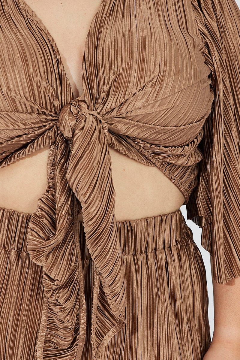 Brown Plisse Satin Flare Sleeve Tie Bolero Top - Image 6