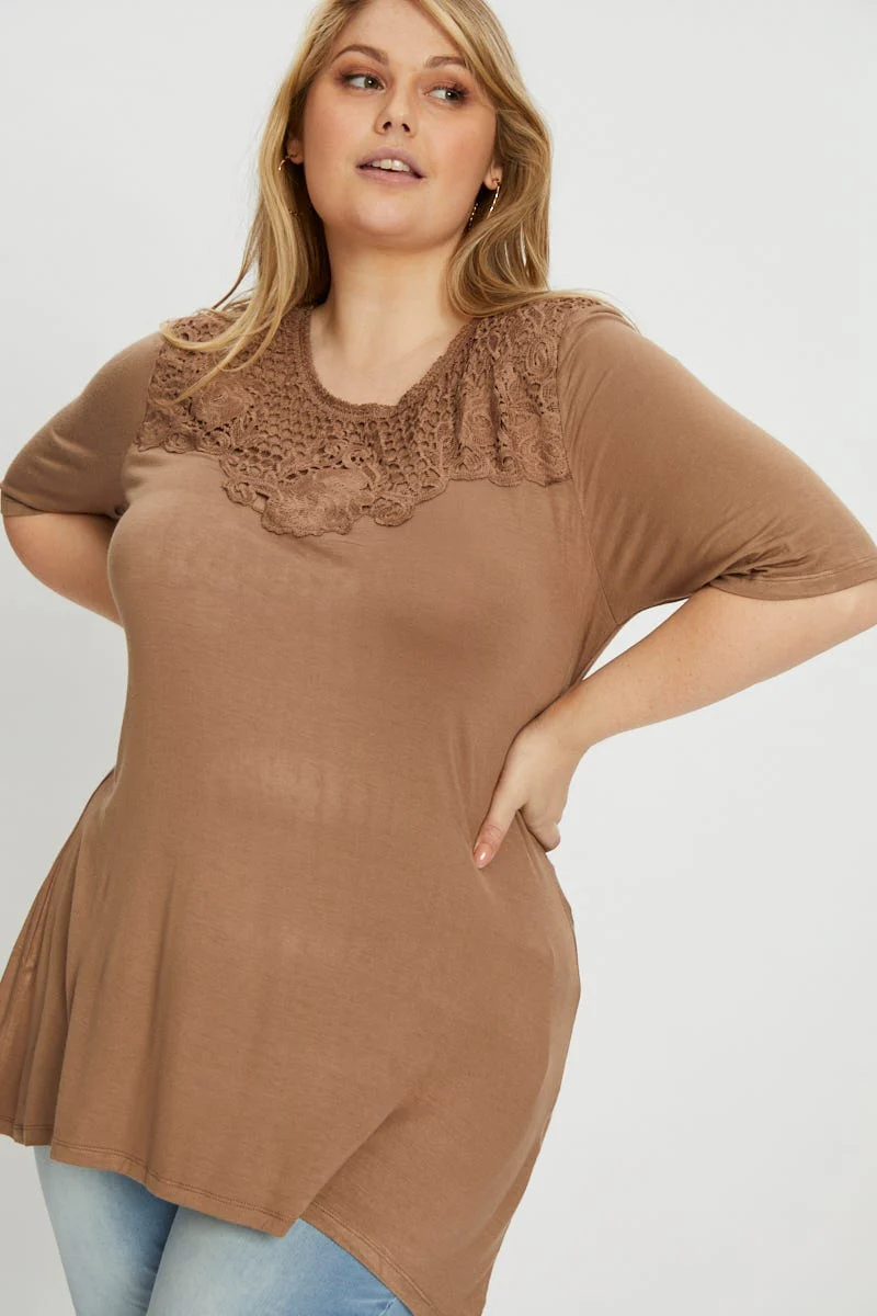 Brown Plus Mid Length Sleeve Crochet Neck Trim Top