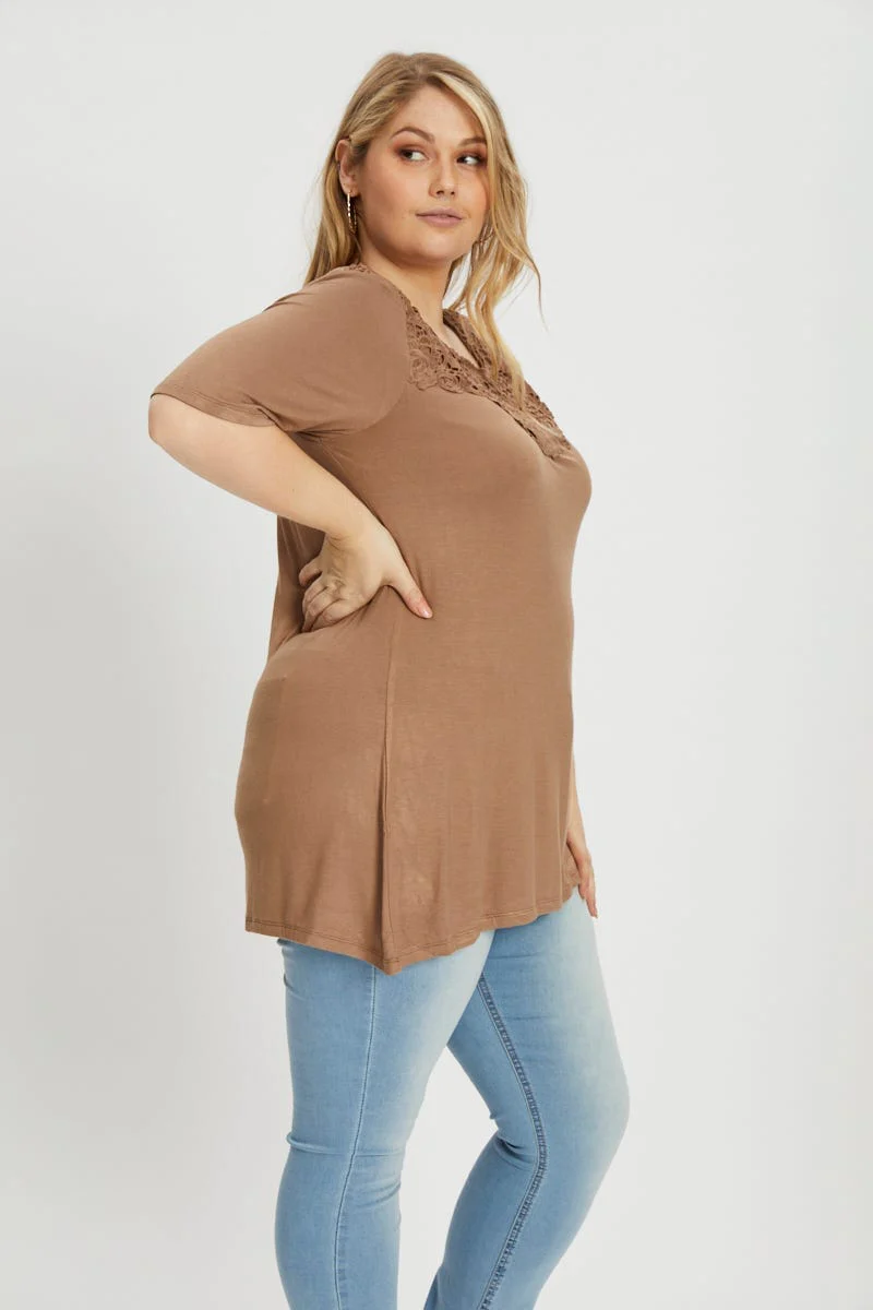 Brown Plus Mid Length Sleeve Crochet Neck Trim Top - Image 2