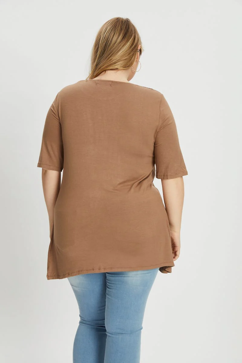 Brown Plus Mid Length Sleeve Crochet Neck Trim Top - Image 3