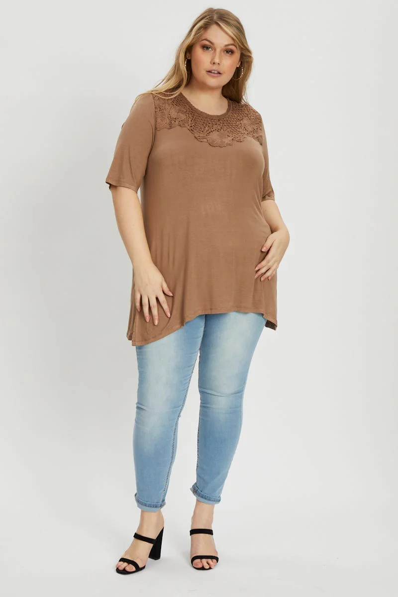 Brown Plus Mid Length Sleeve Crochet Neck Trim Top - Image 5