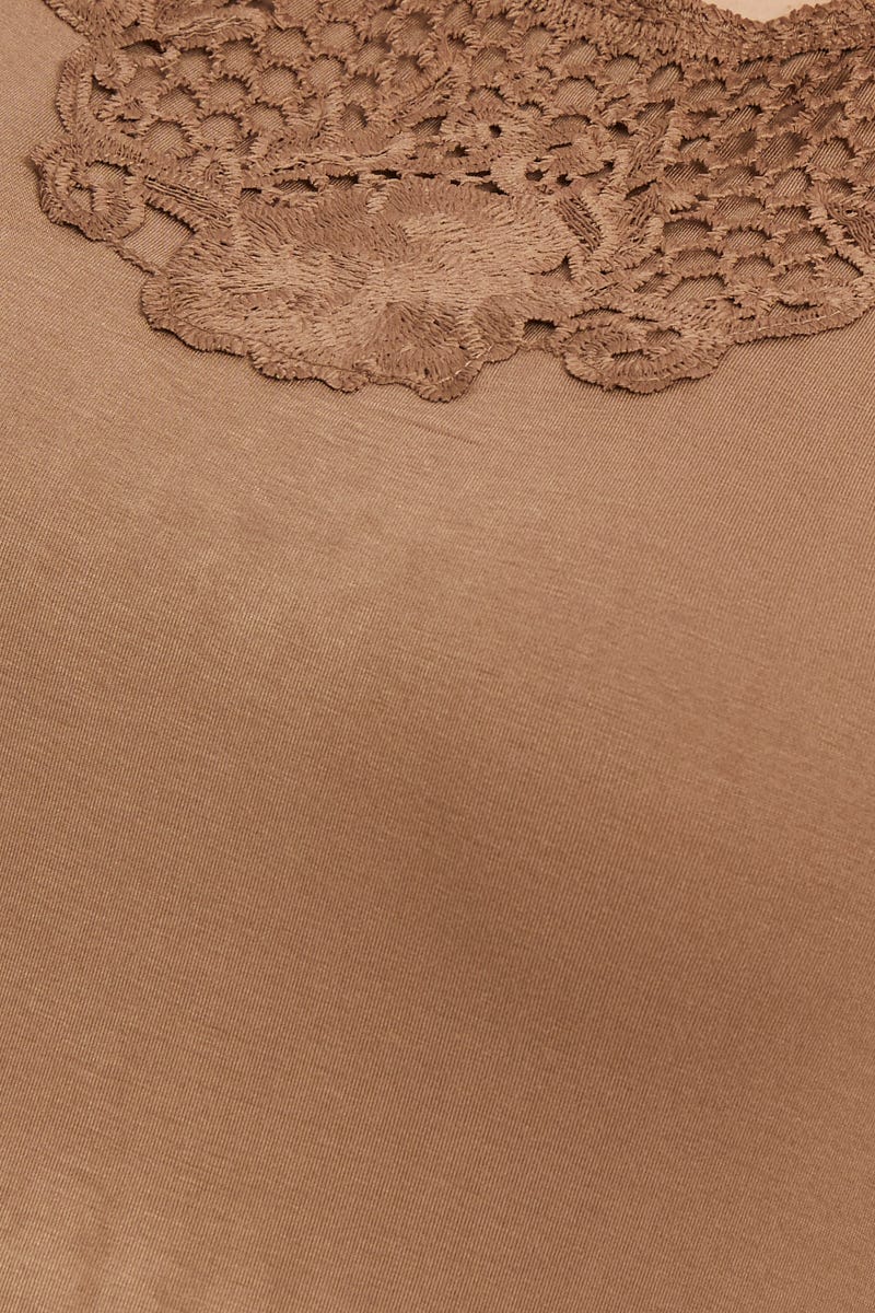 Brown Plus Mid Length Sleeve Crochet Neck Trim Top - Image 6