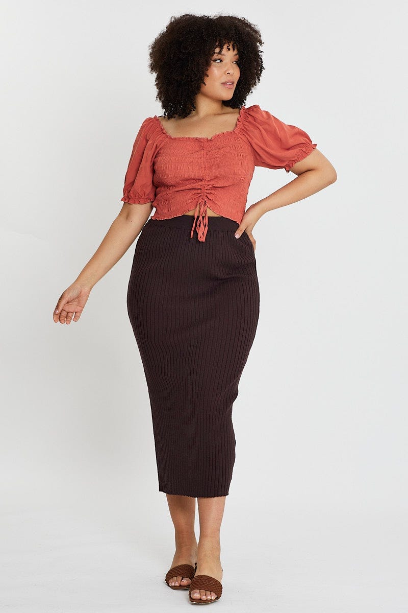 Brown Plus Short Sleeve Shirred Semi Crop Top - Image 2