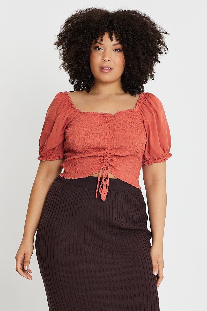 Brown Plus Short Sleeve Shirred Semi Crop Top - Image 3