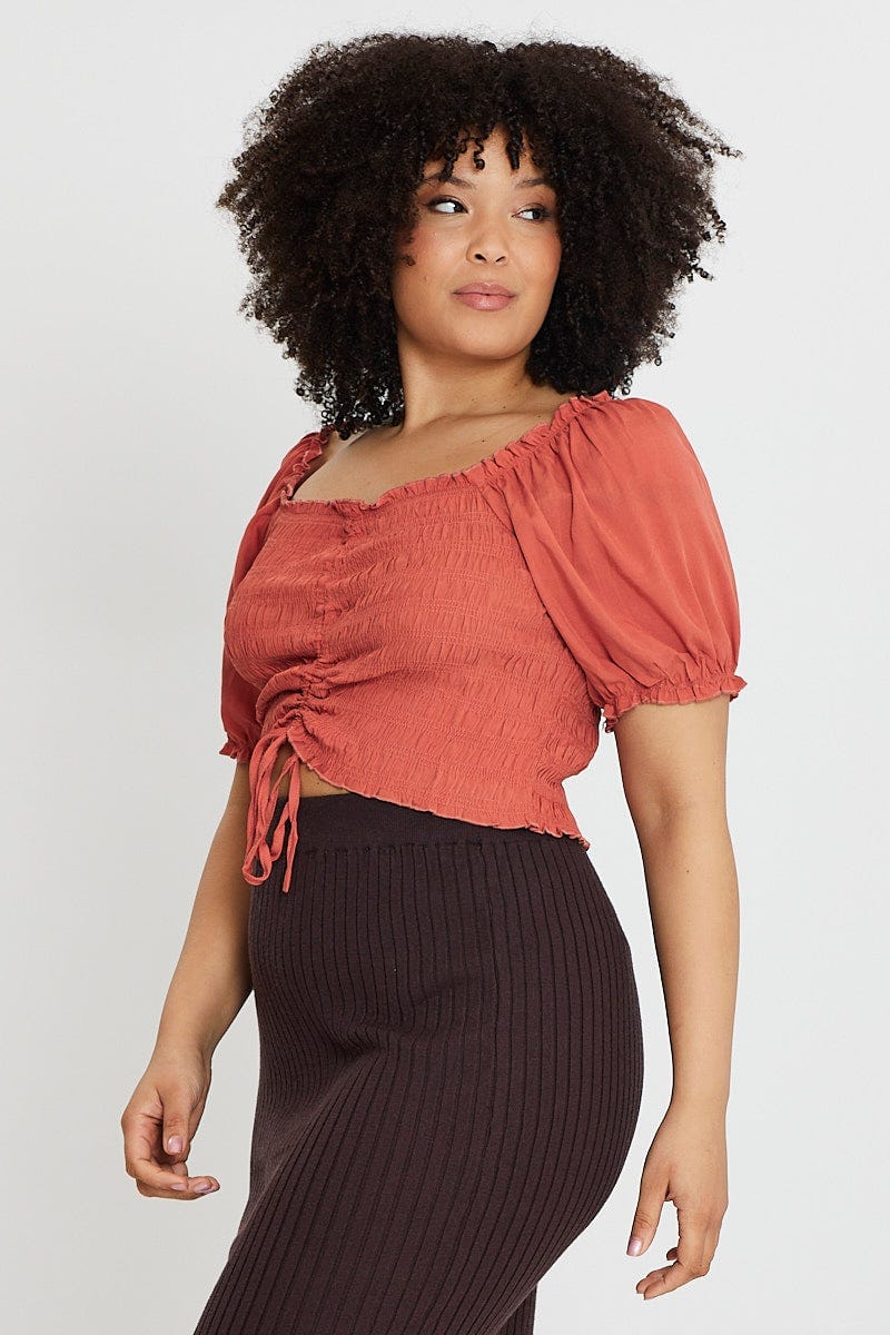 Brown Plus Short Sleeve Shirred Semi Crop Top - Image 4