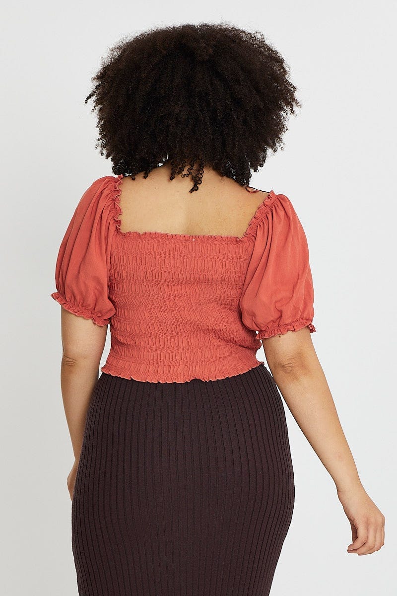 Brown Plus Short Sleeve Shirred Semi Crop Top - Image 5