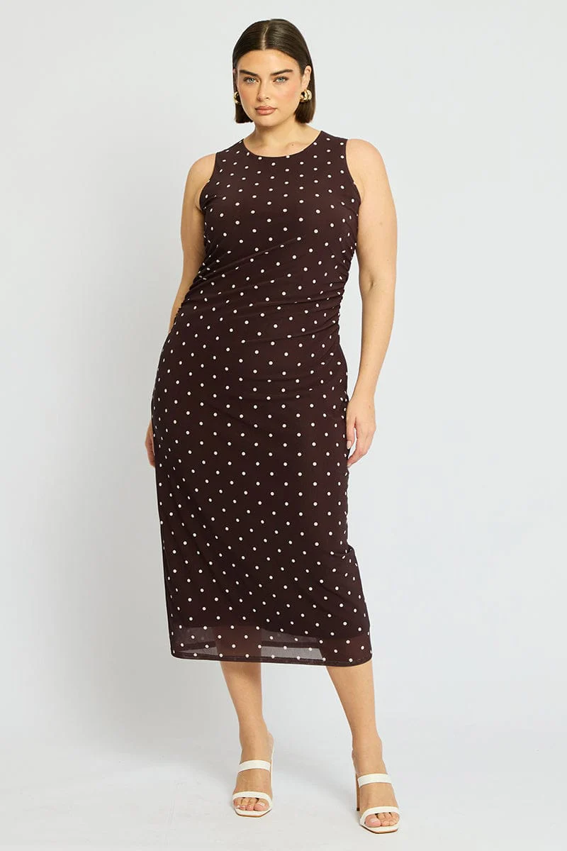 Brown Polka Dot Bodycon Dress Sleeveless Mesh