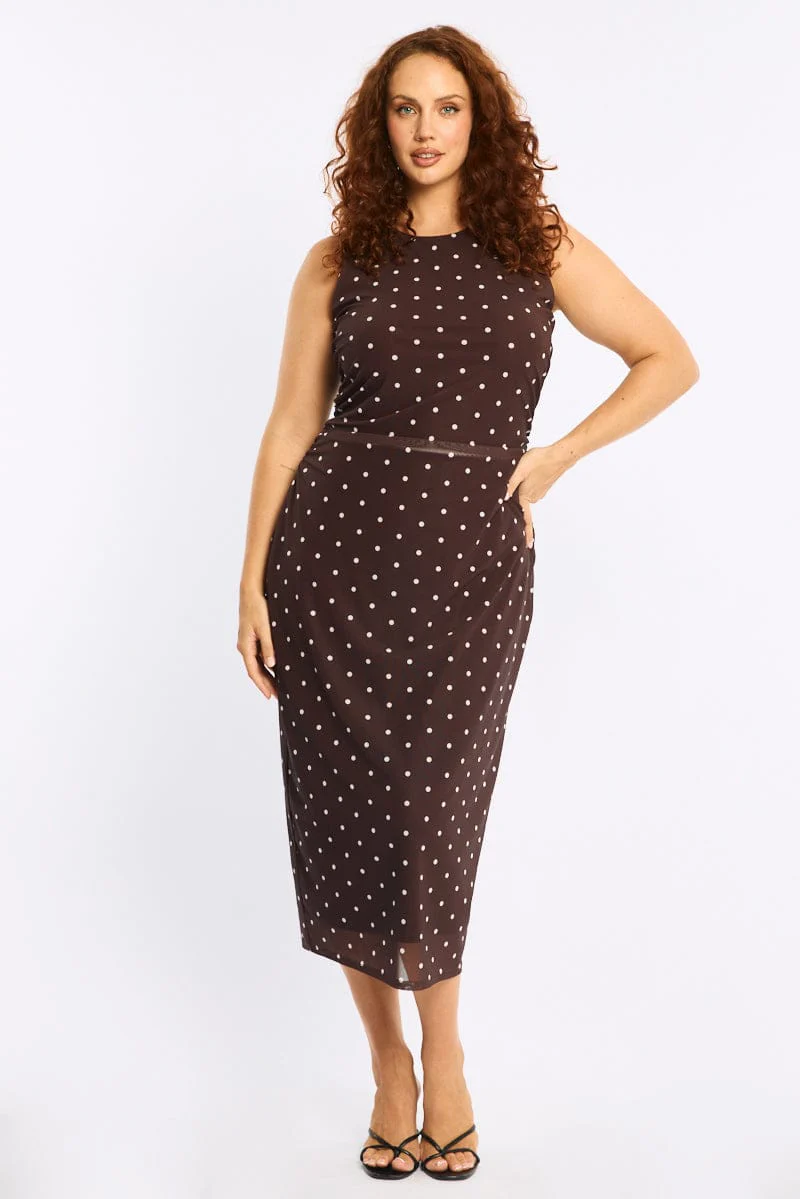 Brown Polka Dot Bodycon Dress Sleeveless Mesh - Image 2
