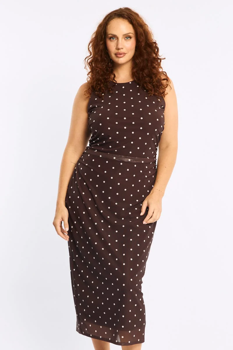 Brown Polka Dot Bodycon Dress Sleeveless Mesh - Image 3