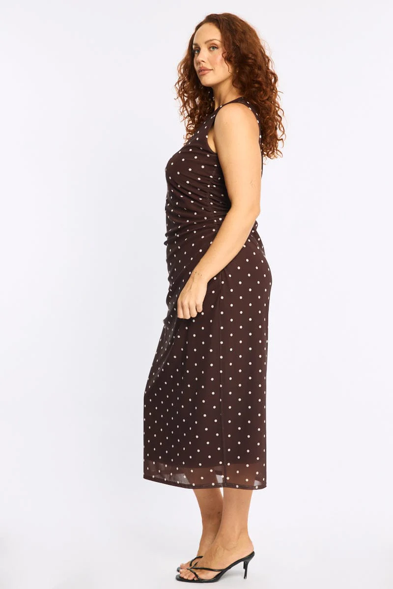 Brown Polka Dot Bodycon Dress Sleeveless Mesh - Image 4