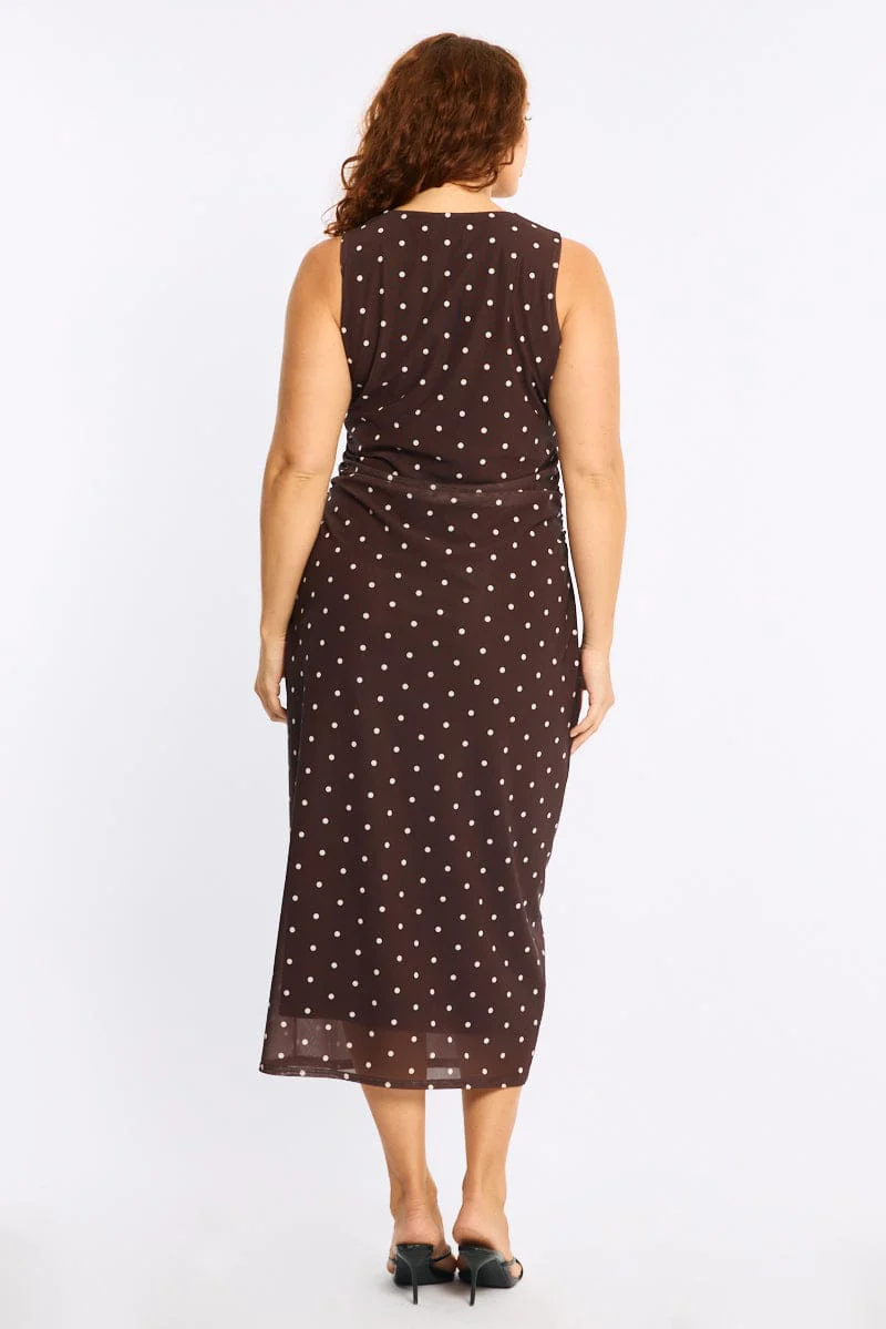 Brown Polka Dot Bodycon Dress Sleeveless Mesh - Image 5
