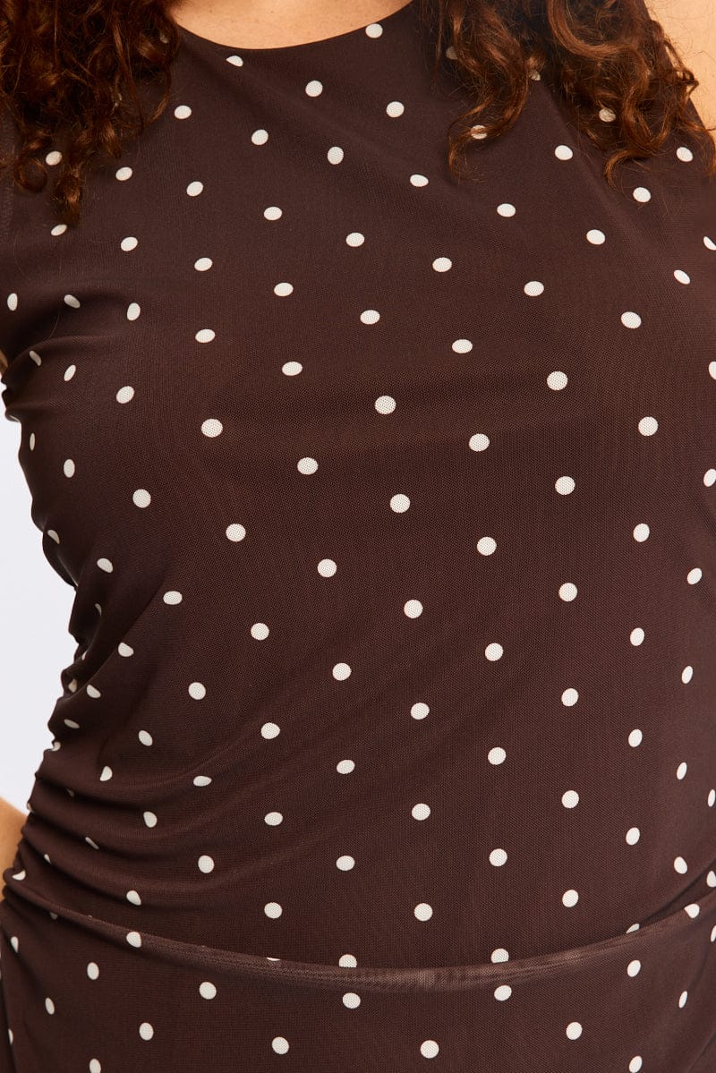 Brown Polka Dot Bodycon Dress Sleeveless Mesh - Image 6