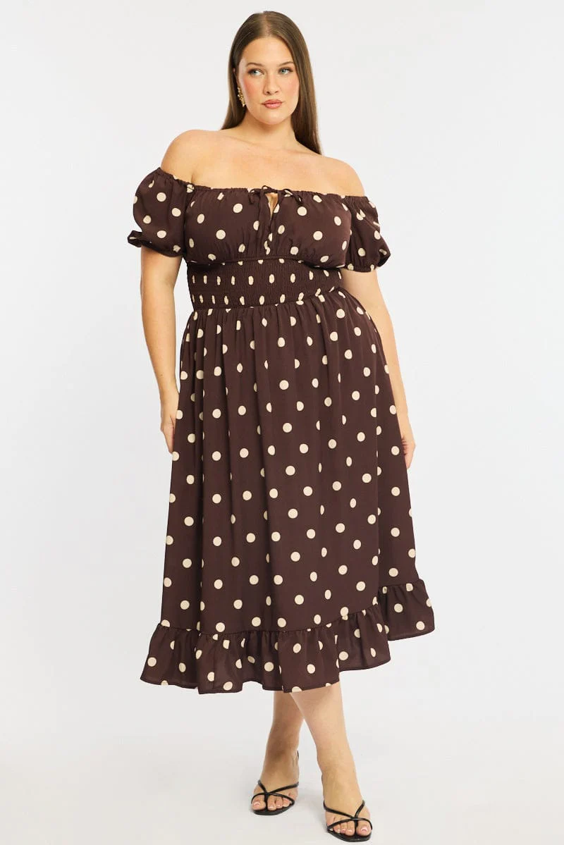 Brown Polka Dot Maxi Dress Short Sleeve Polka Dot