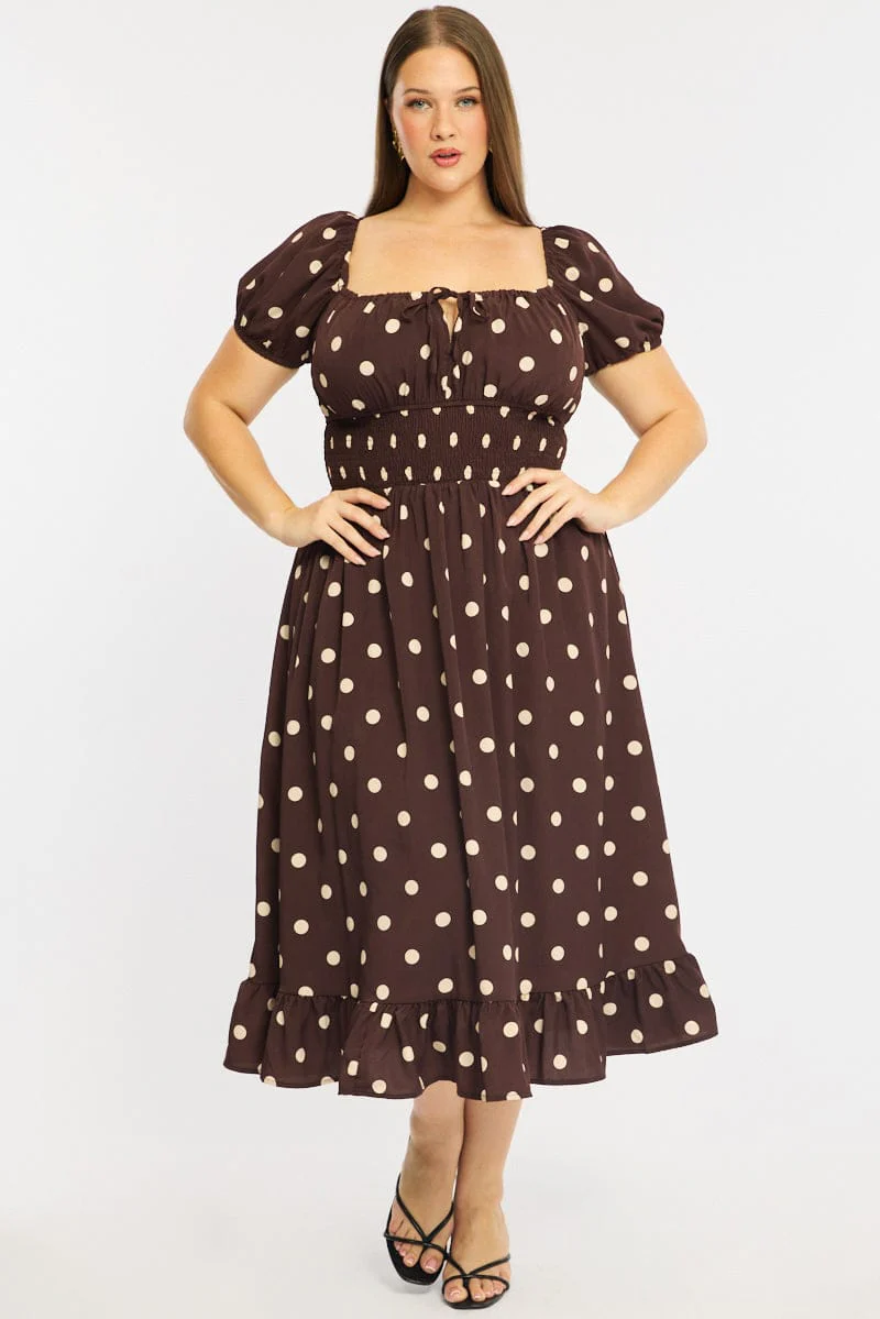 Brown Polka Dot Maxi Dress Short Sleeve Polka Dot - Image 3
