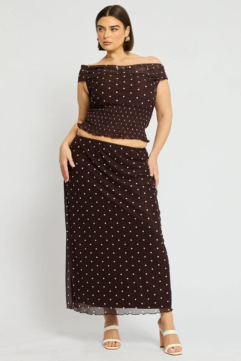 Brown Polka Dot Maxi Skirt Mesh