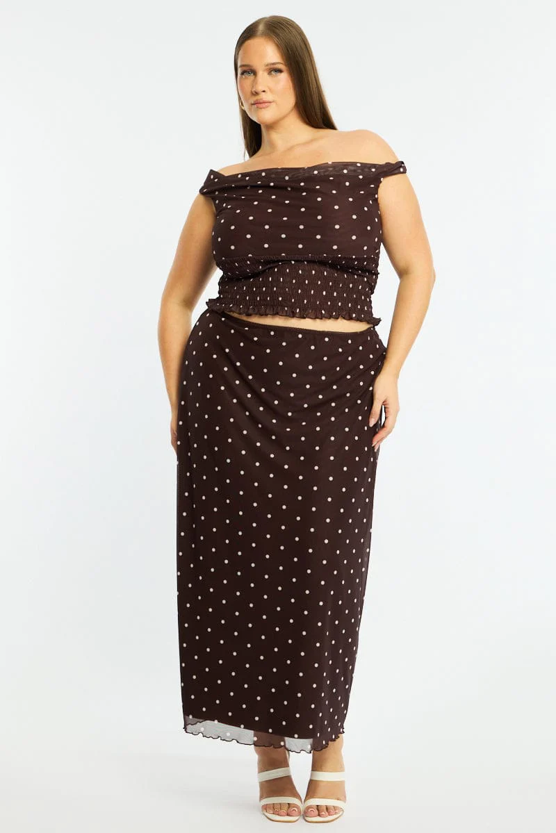 Brown Polka Dot Maxi Skirt Mesh - Image 3