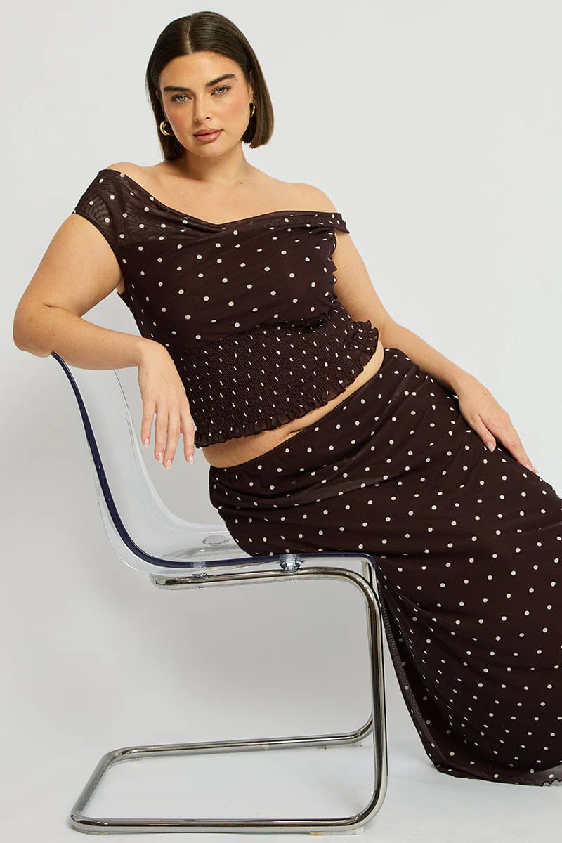 Brown Polka Dot Off Shoulder Top Sleeveless Shirred Waist