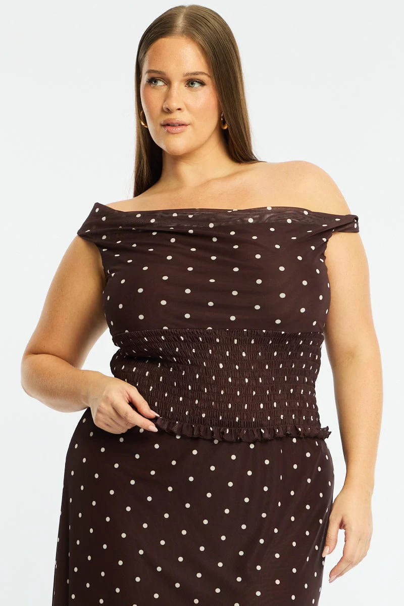 Brown Polka Dot Off Shoulder Top Sleeveless Shirred Waist - Image 2