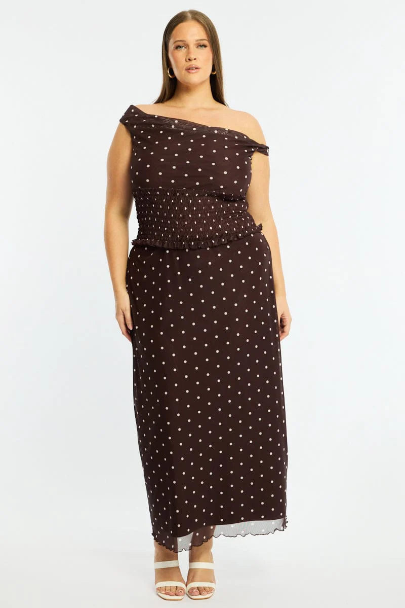 Brown Polka Dot Off Shoulder Top Sleeveless Shirred Waist - Image 3