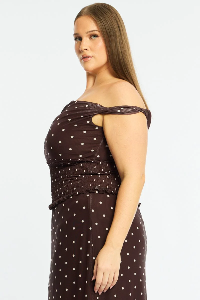 Brown Polka Dot Off Shoulder Top Sleeveless Shirred Waist - Image 4