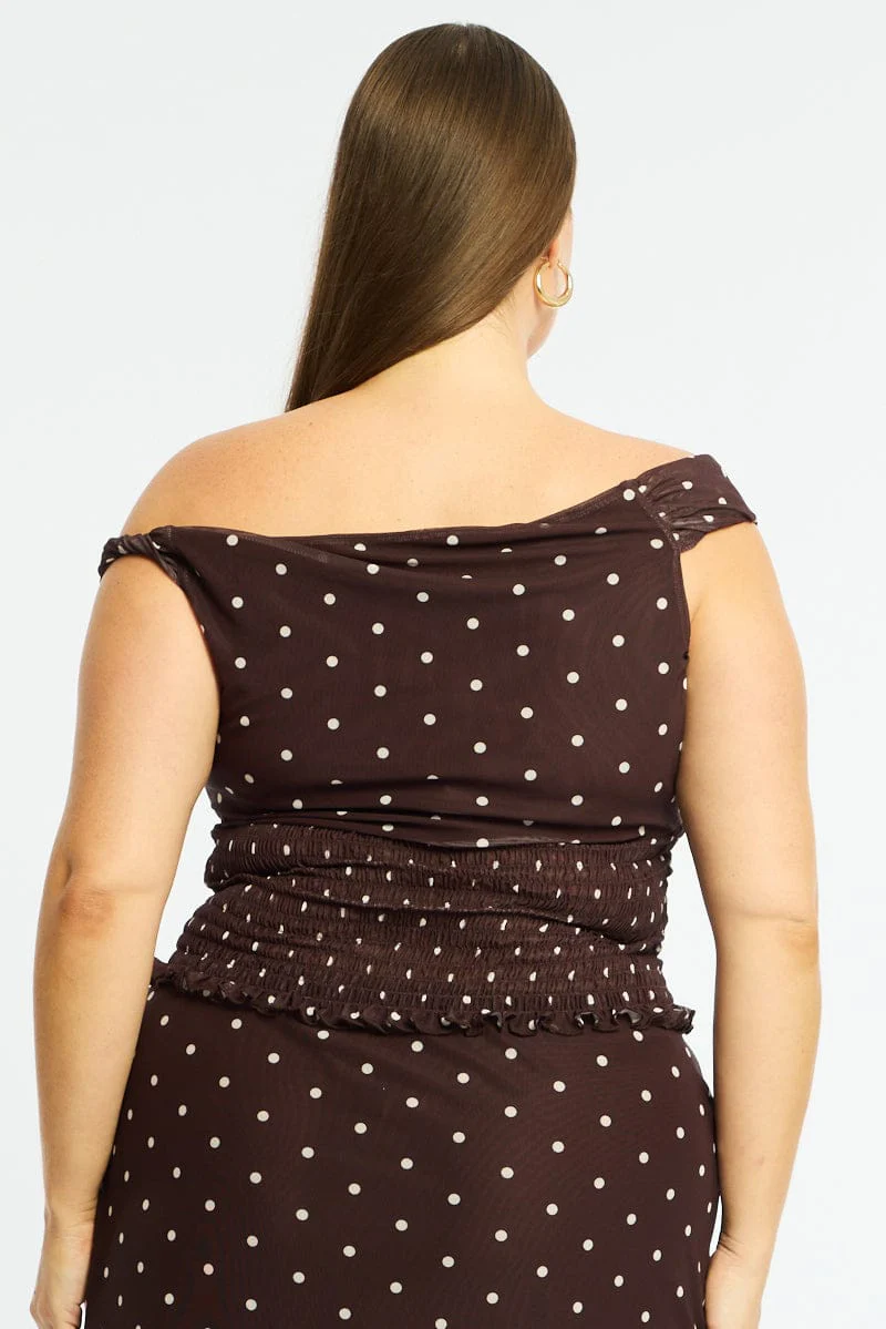 Brown Polka Dot Off Shoulder Top Sleeveless Shirred Waist - Image 5