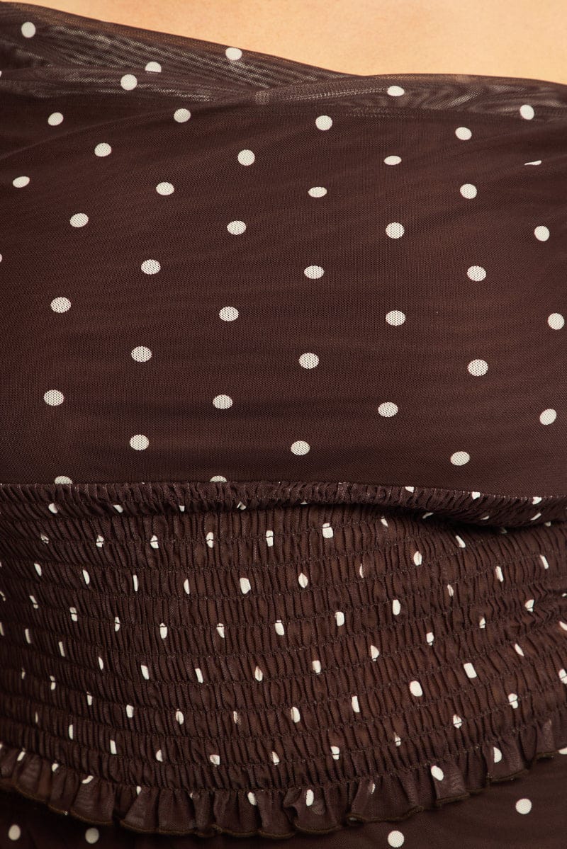 Brown Polka Dot Off Shoulder Top Sleeveless Shirred Waist - Image 6