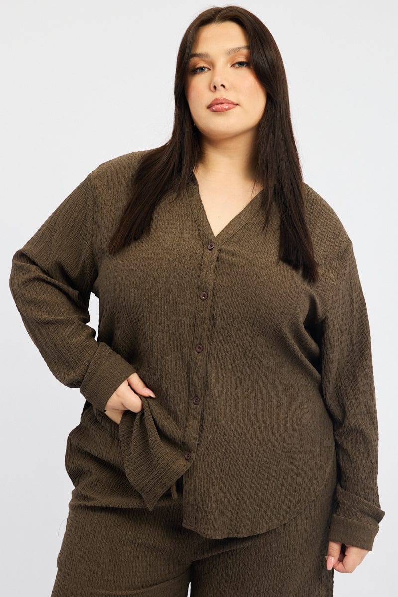 Brown Relaxed Shirt Long Sleeve Textured - Image 2