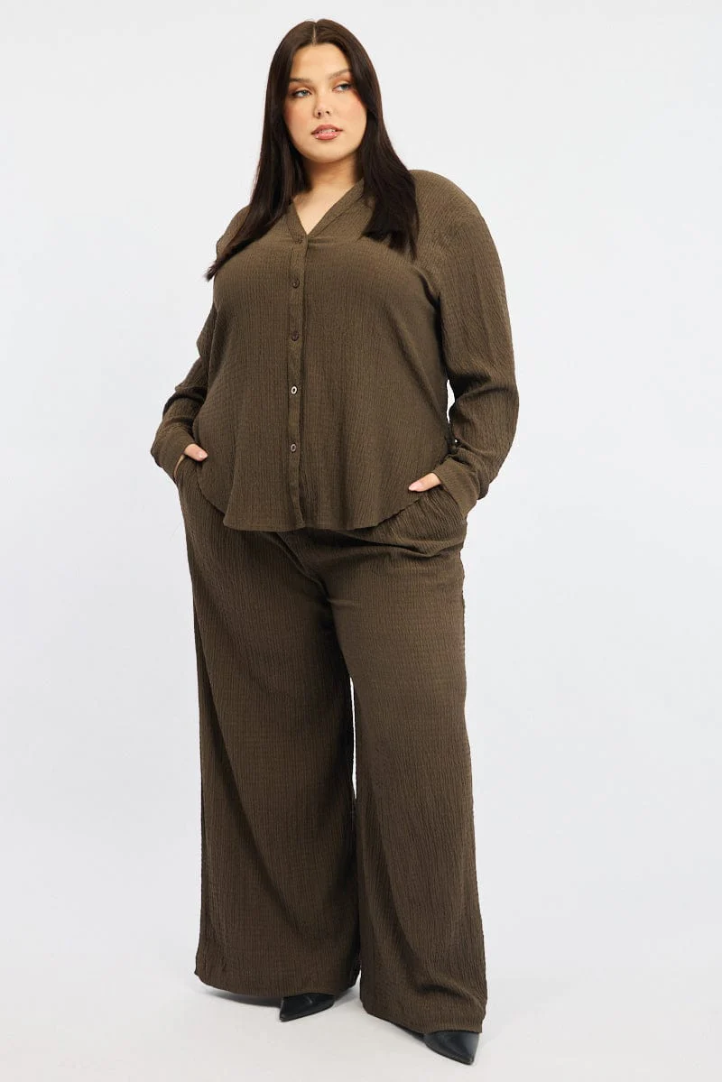 Brown Relaxed Shirt Long Sleeve Textured - Image 3