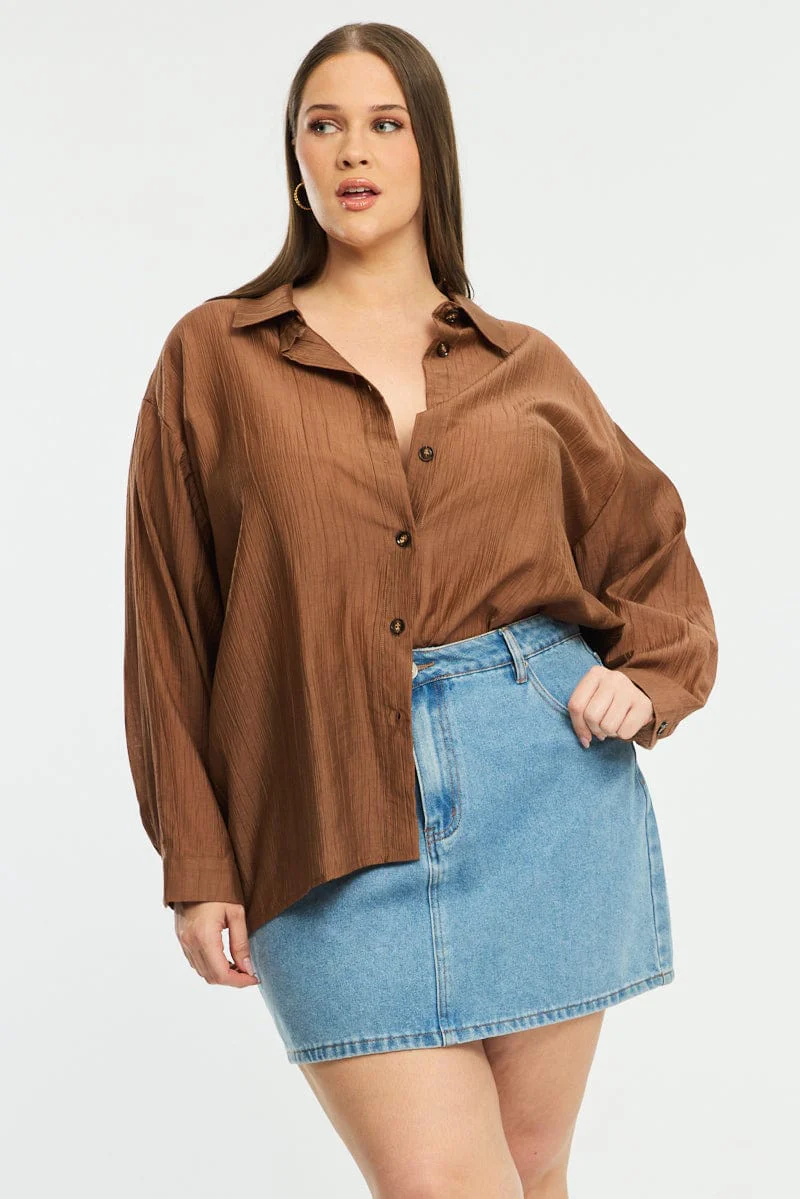 Brown Relaxed Shirt Long Sleeve Tie Back