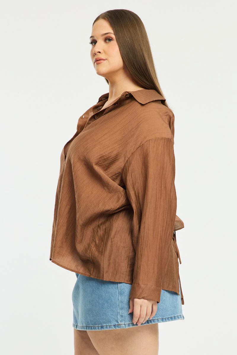 Brown Relaxed Shirt Long Sleeve Tie Back - Image 3