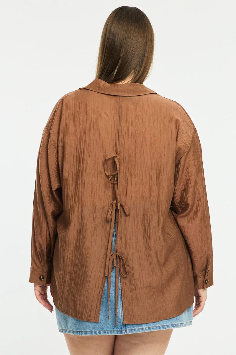 Brown Relaxed Shirt Long Sleeve Tie Back - Image 4