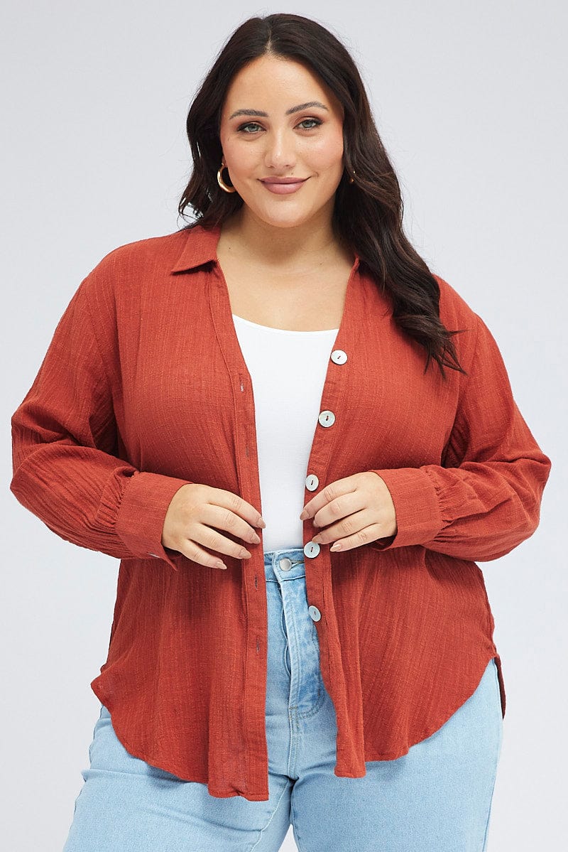 Brown Relaxed Shirt Long Sleeve V-neck - Image 3