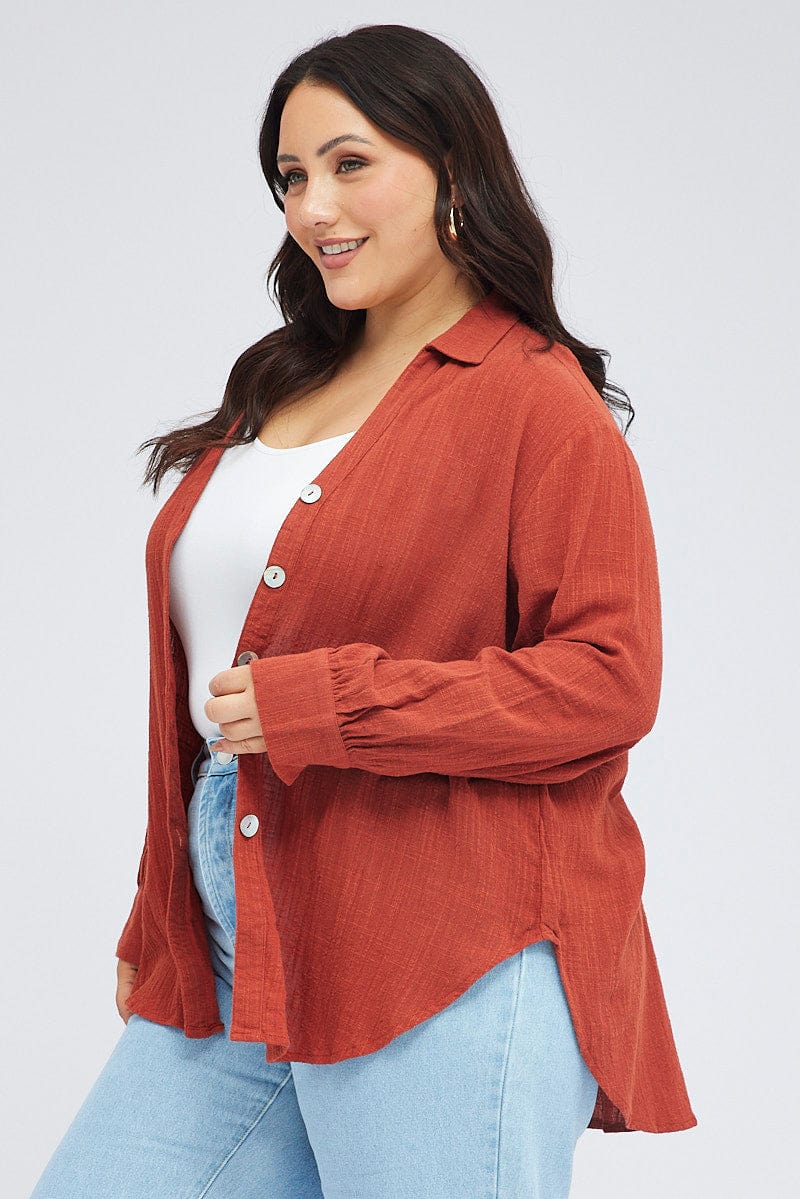 Brown Relaxed Shirt Long Sleeve V-neck - Image 4