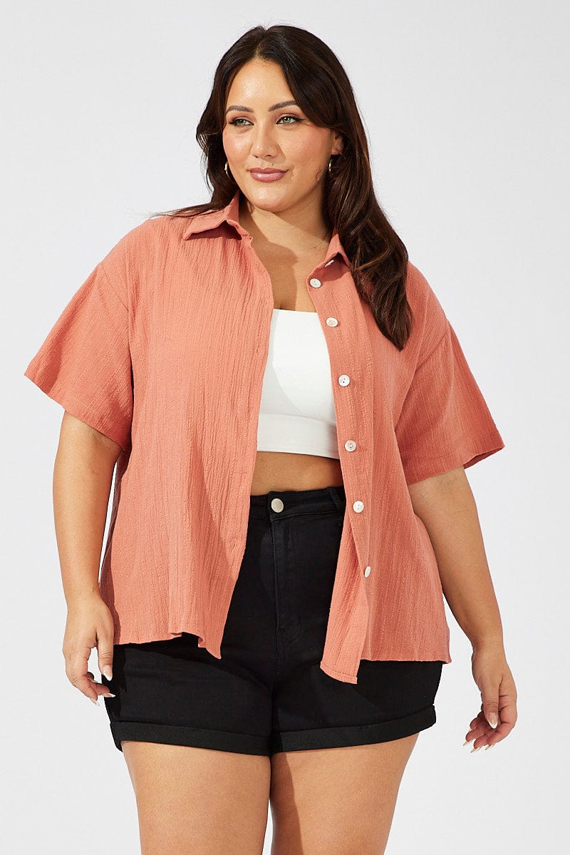 Brown Relaxed Shirt Short Sleeve Textured - Image 3