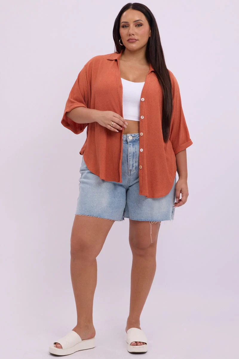 Brown Relaxed Shirt Short Sleeve Textured - Image 2
