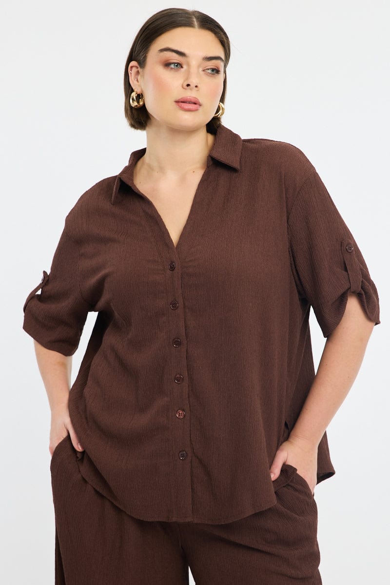 Brown Relaxed Shirt Short Sleeve Textured