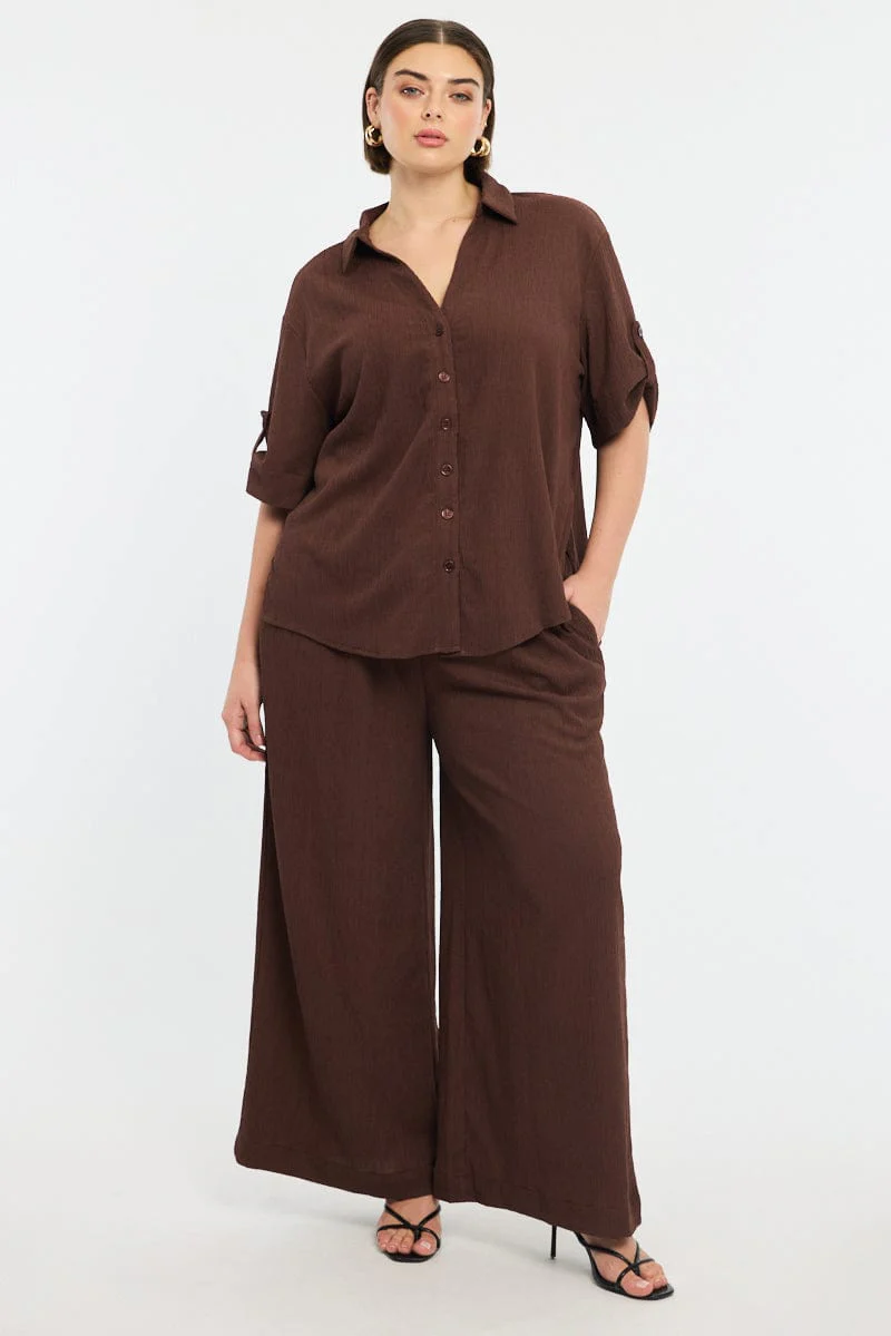 Brown Relaxed Shirt Short Sleeve Textured - Image 2