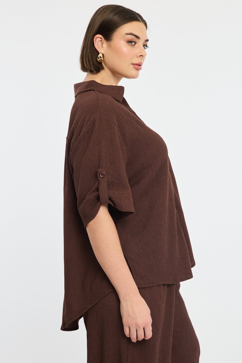 Brown Relaxed Shirt Short Sleeve Textured - Image 3