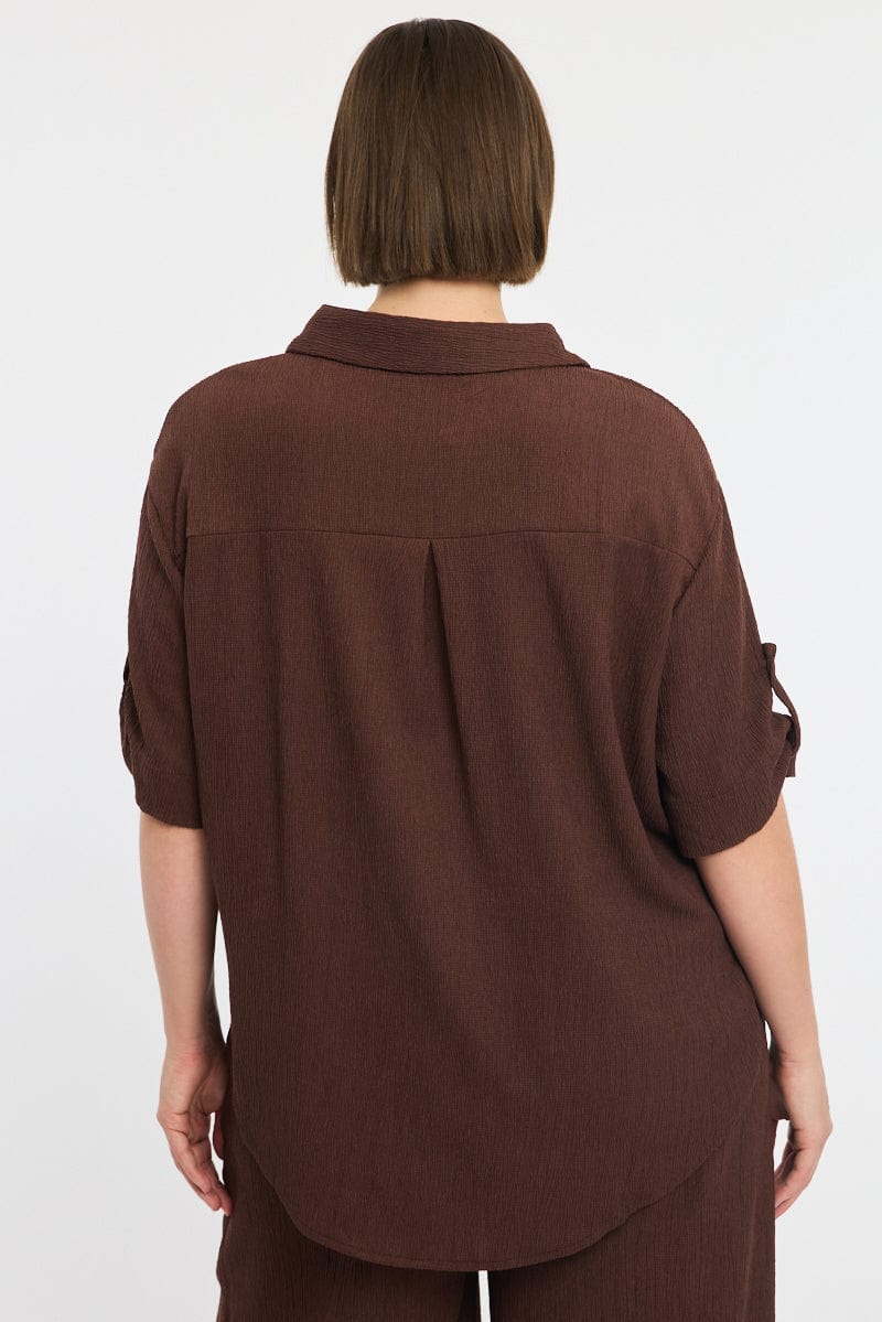 Brown Relaxed Shirt Short Sleeve Textured - Image 4