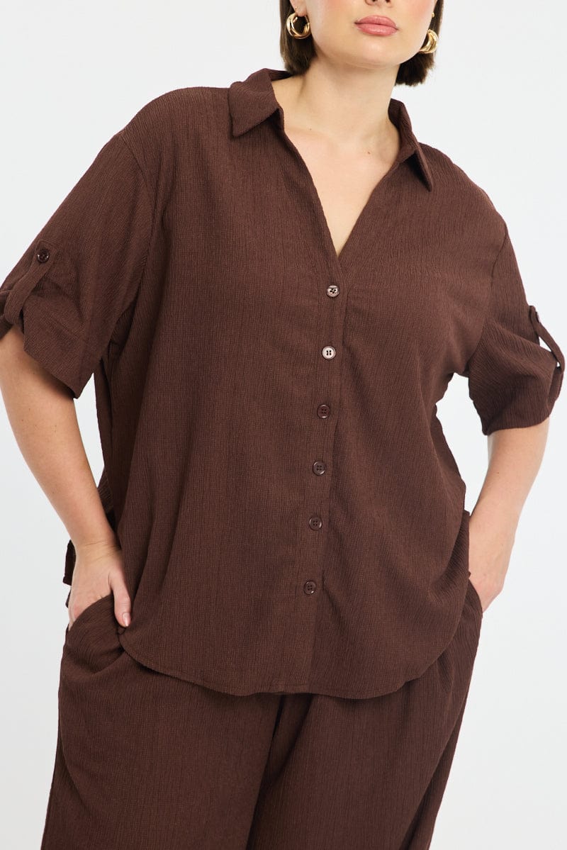 Brown Relaxed Shirt Short Sleeve Textured - Image 5