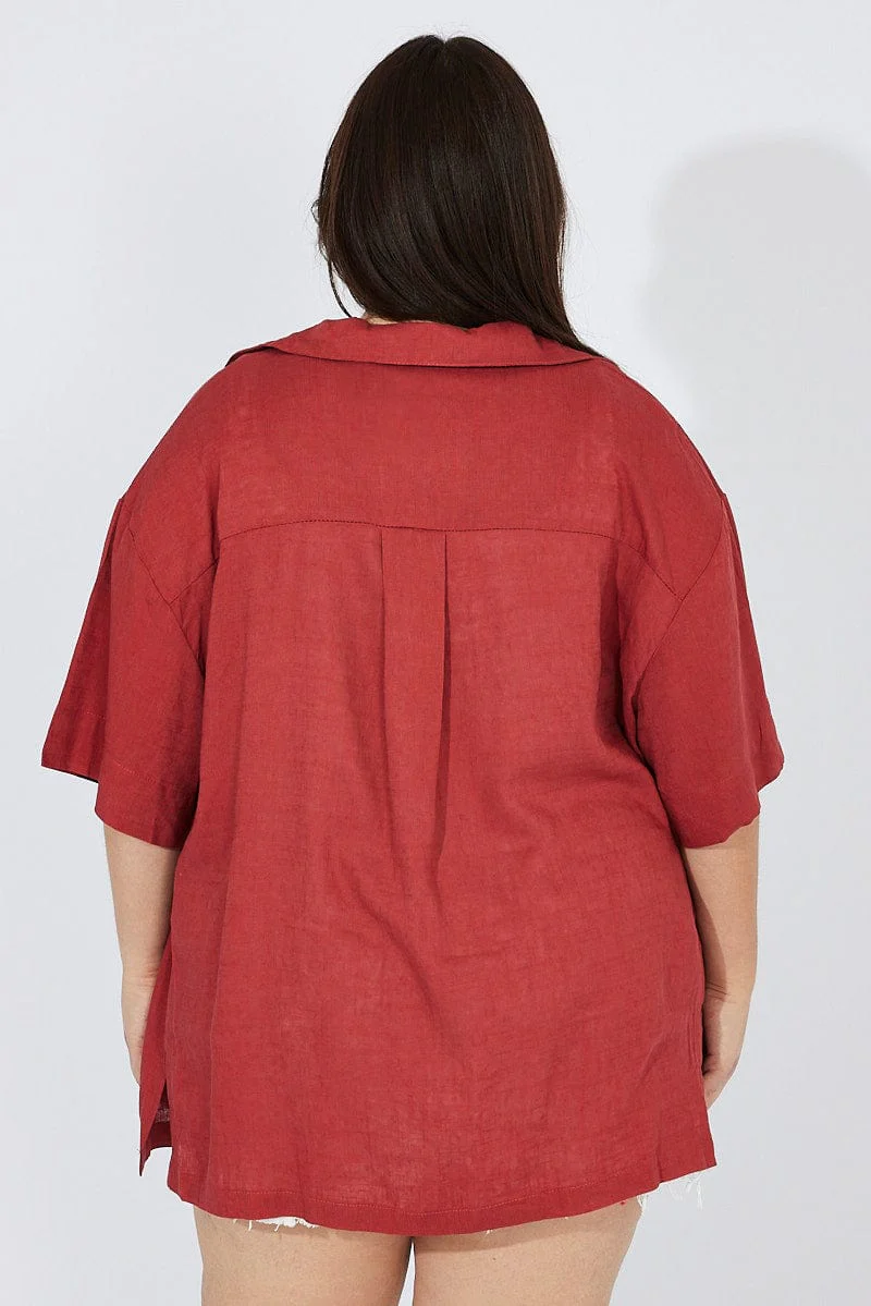 Brown Relaxed Shirt Short Sleeve Viscose Linen - Image 5