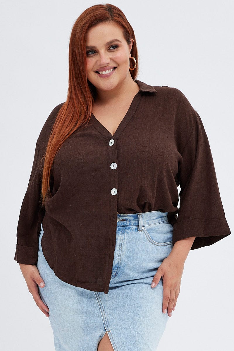 Brown Relaxed Shirt Three Quarter Sleeve V-neck - Image 3
