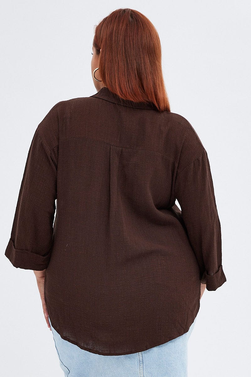 Brown Relaxed Shirt Three Quarter Sleeve V-neck - Image 5