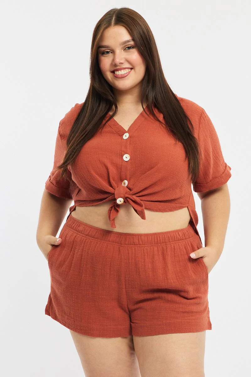 Brown Relaxed Shorts Elastic Waist