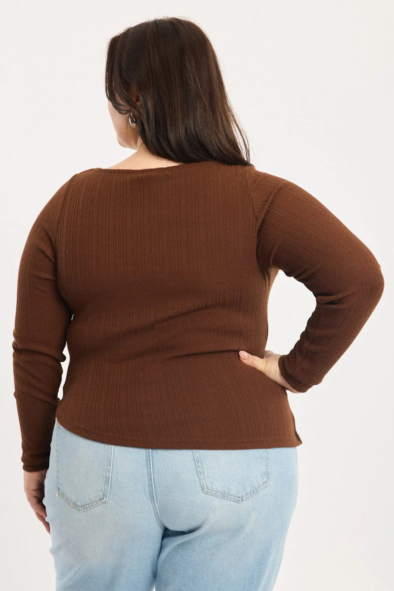 Brown Rib Top Asymmetric Long Sleeve - Image 4