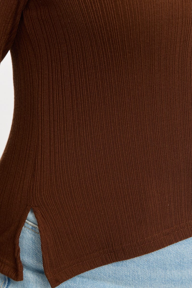 Brown Rib Top Asymmetric Long Sleeve - Image 5