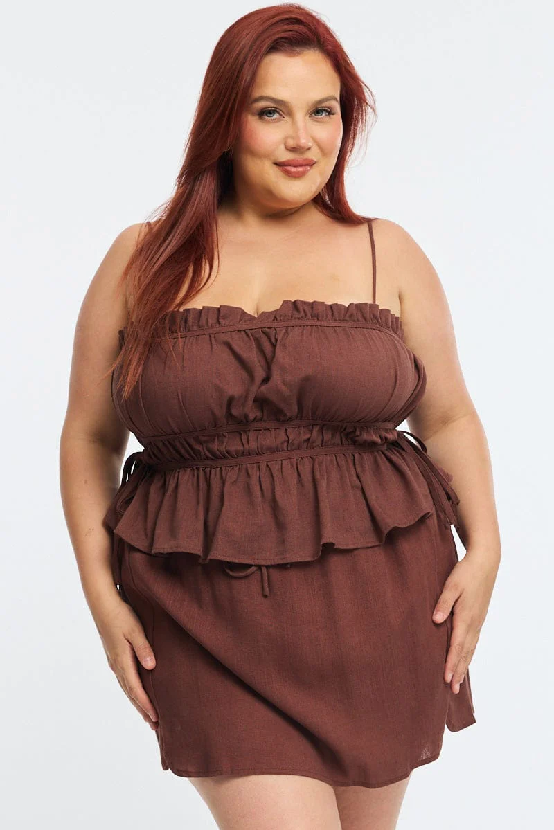 Brown Ruched Cami Top Linen Blend