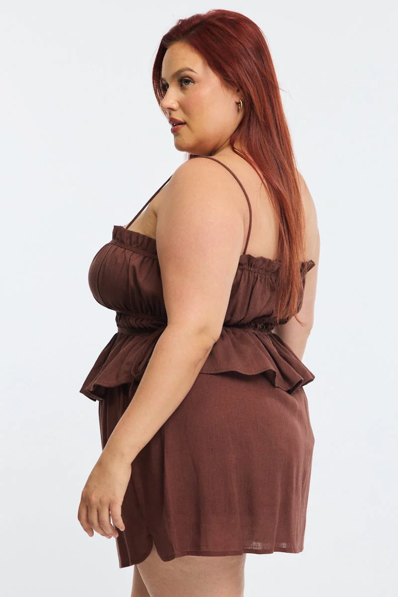Brown Ruched Cami Top Linen Blend - Image 3