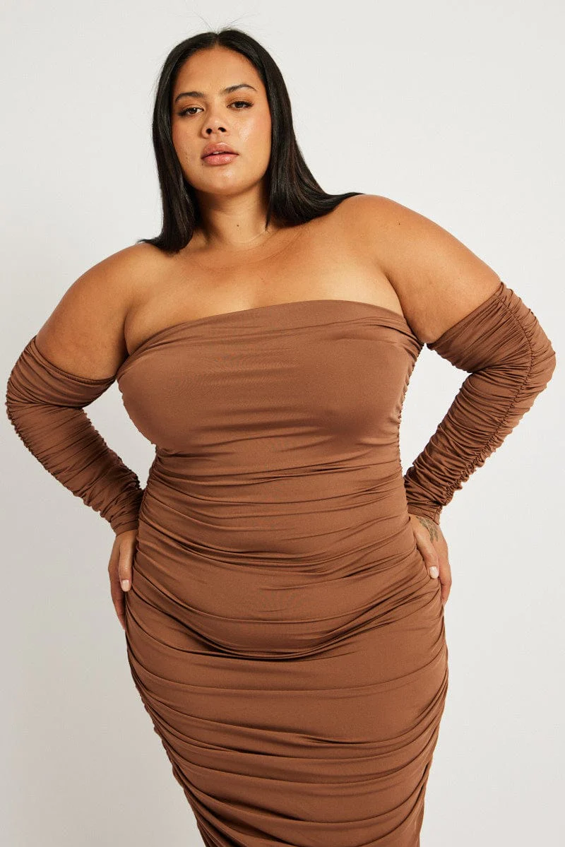 Brown Ruched Jersey Midi Dress - Image 2
