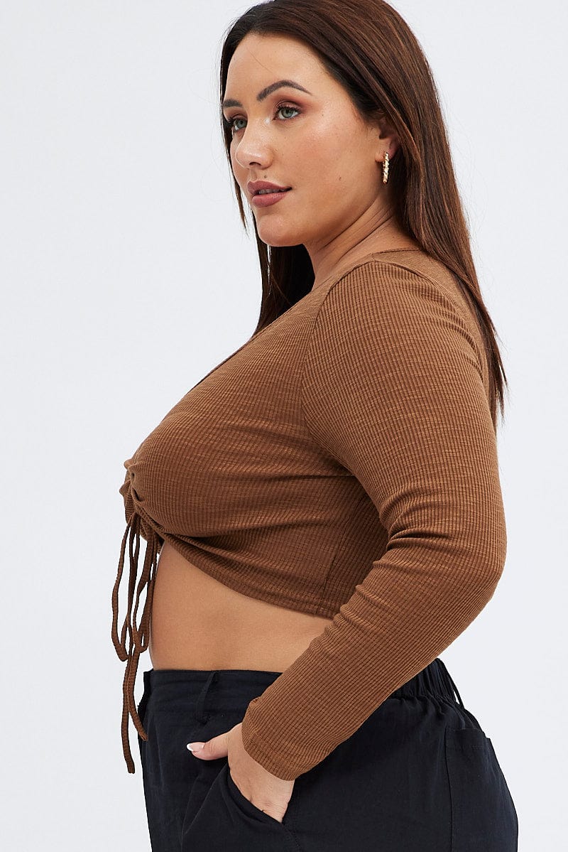Brown Ruched Top Long Sleeve V-neck - Image 4
